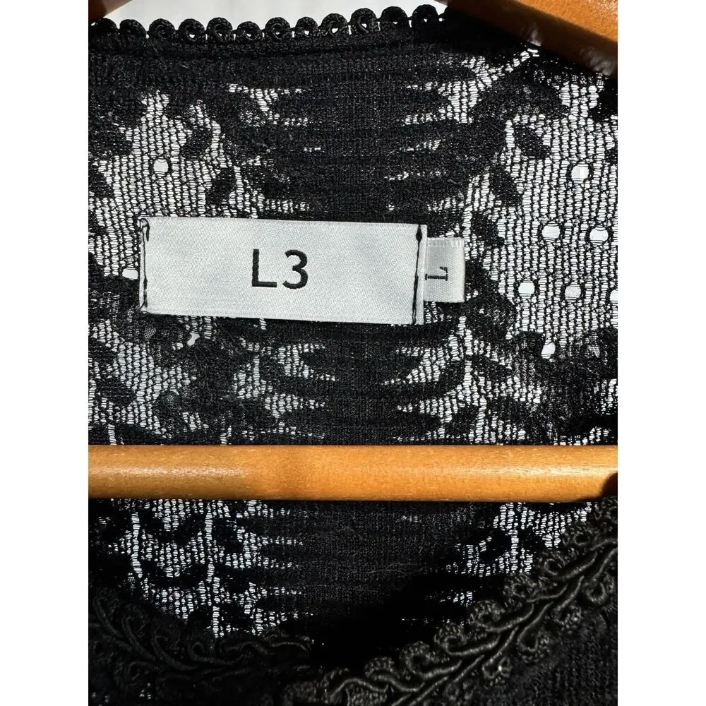 L3 Vintage Women’s Black Lace Top With Appliqué Ruffles And Gold Buttons Size L